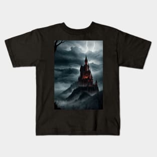 Spooky Castle Render with Lightning Flashing Above Kids T-Shirt